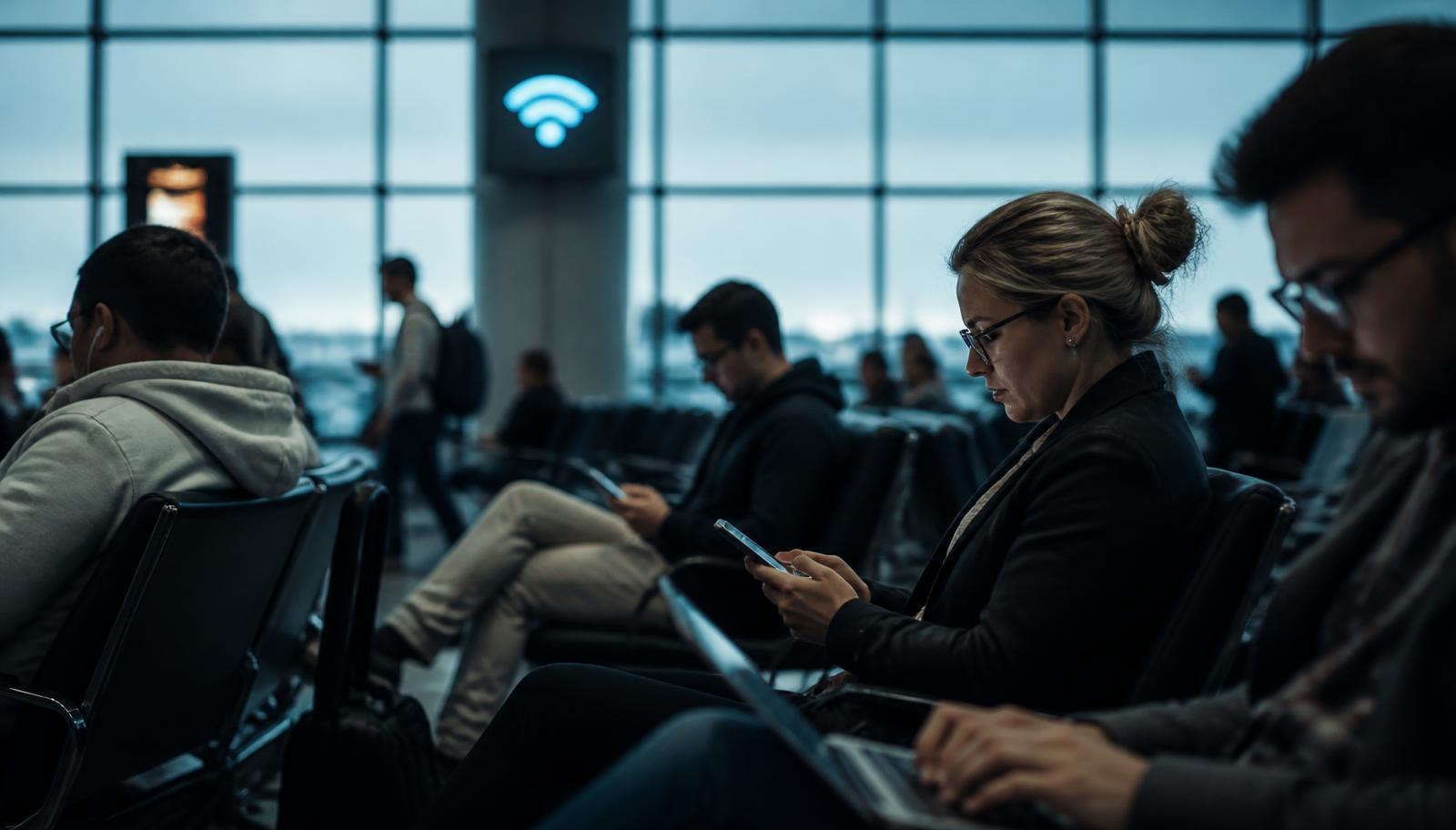 Travellers using phones and laptops on public Wi-Fi in an airport departure lounge