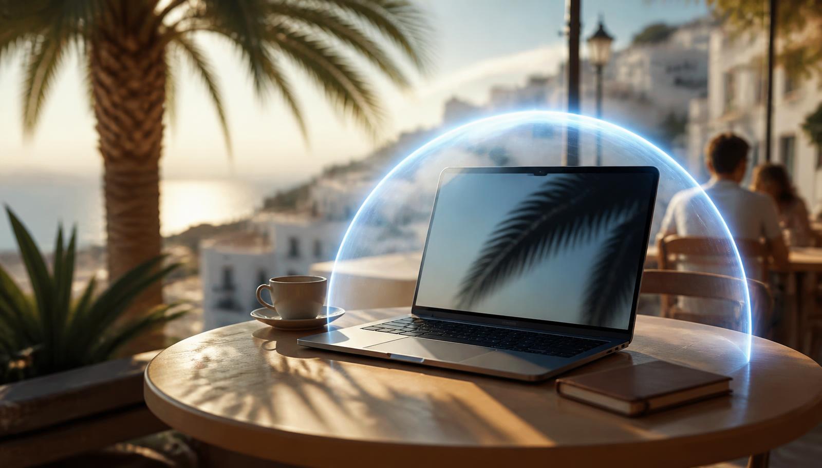 Laptop on a holiday cafe terrace protected by a shield of light